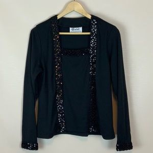 Silky Sequin Cardigan Blouse Square Neck Size M